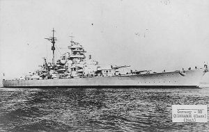 A black and white picture of the battleship Bismarck pictured at sea in 1941.