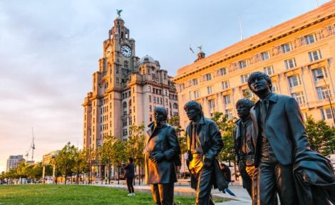 A statue of The Beatles outside the Liver Buildings on Liverpool's Pier Head.