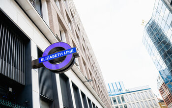 Elizabeth line sign outside Bond Street station, London.