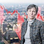 Kate Faulkner in front of a city scene