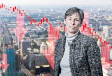 Kate Faulkner in front of a city scene