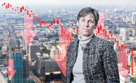 Kate Faulkner in front of a city scene