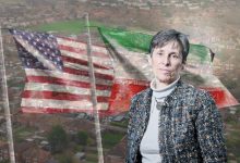 Kate Faulkner and US and Iran flags